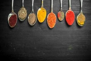 Ground spices and herbs in spoons. photo