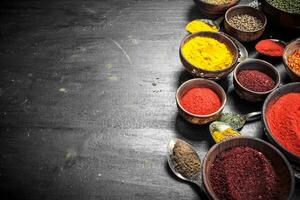 Ground spices in bowls and spoons. photo