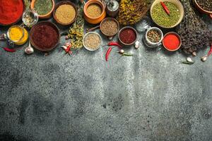 Various spicy spices and herbs. photo