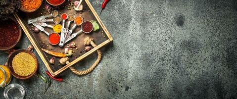 Various spices and herbs in a wooden tray. photo