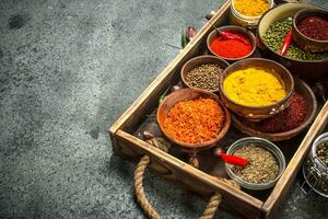 Ground spices in bowls on a wooden tray. photo