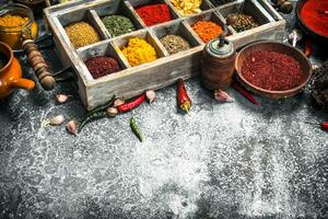 Various herbs and spices in a special box. photo