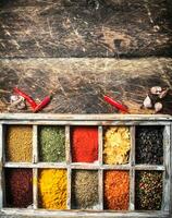 Different spices and herbs in a box. photo