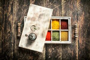 Different spices and herbs in a box. photo