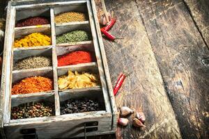 Different spices and herbs in a box. photo