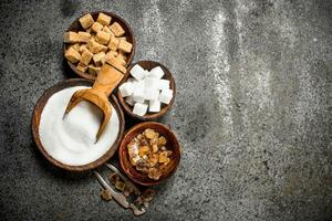 Different kinds of sugar in bowls. photo