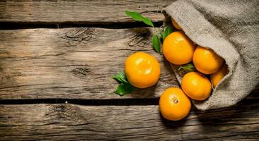 Fresco mandarinas en un antiguo bolso de hojas. foto