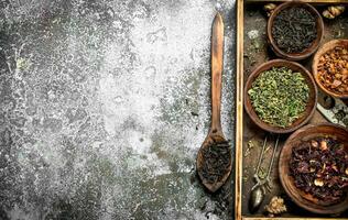 Different kinds of fragrant tea in bowls. photo