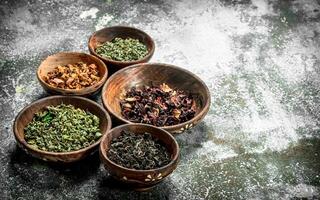 Different kinds of fragrant tea in bowls. photo