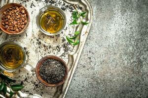 Fresh green tea on a steel tray. photo