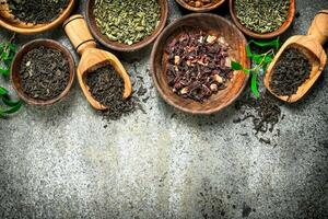 Different kinds of fragrant tea in bowls. photo