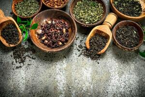 Different kinds of fragrant tea in bowls. photo