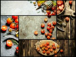 Food collage of fresh tomato. photo