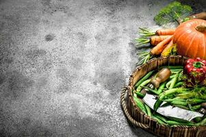 Organic food. Green peas with different vegetables on a tray. photo