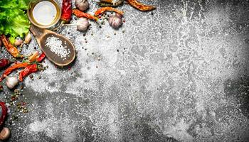 Fresh spices. Aromatic spices on a rustic background. photo