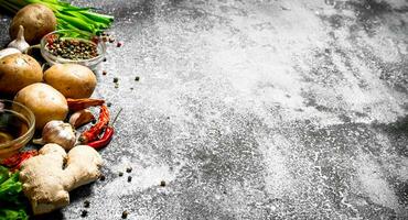 Fresh vegetables . Fresh vegetables with spices and herbs. On rustic background. photo