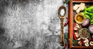 Fresh vegetables . fresh vegetables and herbs in the old tray. On rustic background. photo