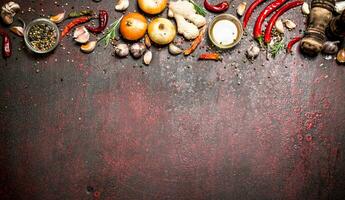 Fresh spices. A variety of aromatic spices with chili peppers and onions. On rustic background. photo