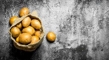 Potatoes in an old sack. On rustic background. photo