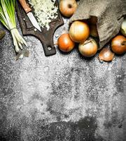 Fresh chopped onion on the old Board. On rustic background. photo