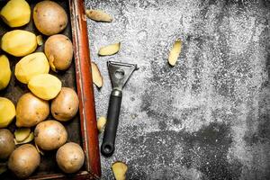 Fresh potatoes in an old tray. On rustic background photo