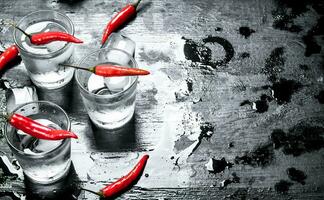 Vodka shots with hot chili peppers and ice. photo