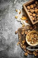 Shelled walnuts in bowl with Nutcracker photo