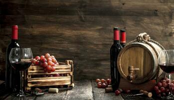 Wine background. A barrel with red wine and freshly grapes. photo