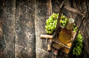 Wine background. White wine on a stand with branches of fresh grapes. photo