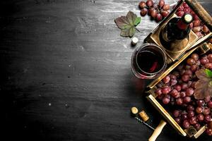 Red wine with fresh grapes in a box. photo