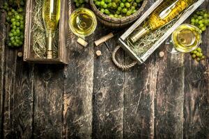 White wine in old boxes with green grapes. photo