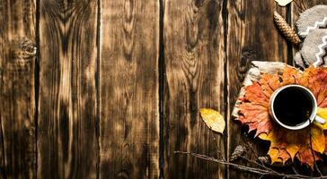 Cup of hot coffee with autumn leaves. photo