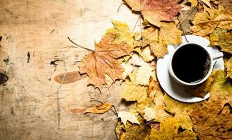 otoño estilo. un taza de caliente café con arce hojas. foto