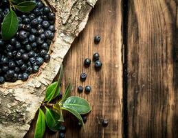Blueberries with leaves . On wooden background. photo