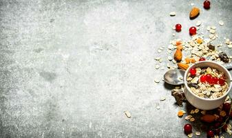 cereal con bayas, nueces y leche. foto