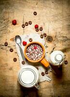 sano alimento. chocolate cereal con frambuesas y leche. foto