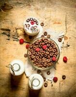 sano alimento. chocolate cereal con frambuesas y leche. foto