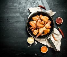 Smoked chicken wings in the pan with the sauce photo