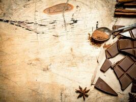 Pieces of milk chocolate with cocoa and cinnamon. photo