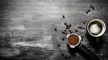 Fresh coffee. Coffee cup with roasted grains . photo