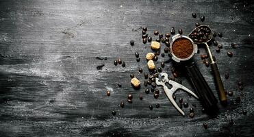Fresh coffee. Coffee cup with brown sugar and roasted grains . photo