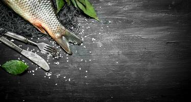 Fresh fish with branches of Laurel on the fishing net. photo