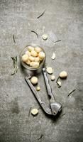 Peeled garlic in a glass bowl and press garlic. photo