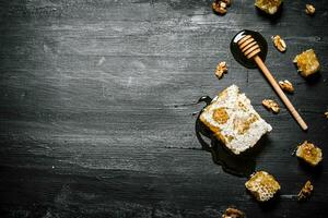 Honey background. Natural honey comb and a wooden spoon . photo