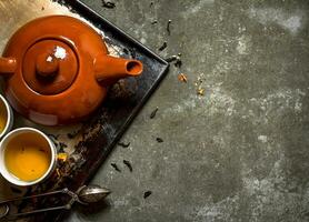 Fragrant tea brewed in a teapot. photo