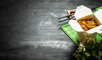 Noodles with shrimp and soy sauce. photo