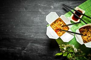 Noodles with shrimp and soy sauce. photo