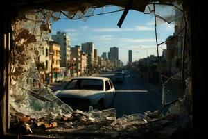 cicatrices de lucha destrozado vaso cristal con vista a restos en tel aviv foto