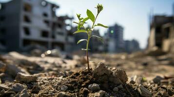 asombroso Resiliencia verde coles emergente desde el escombros esparcido calles de gaza foto