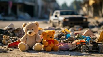 Childrens toys scattered amongst rubble subtle testimonies of Gazas displaced youth photo